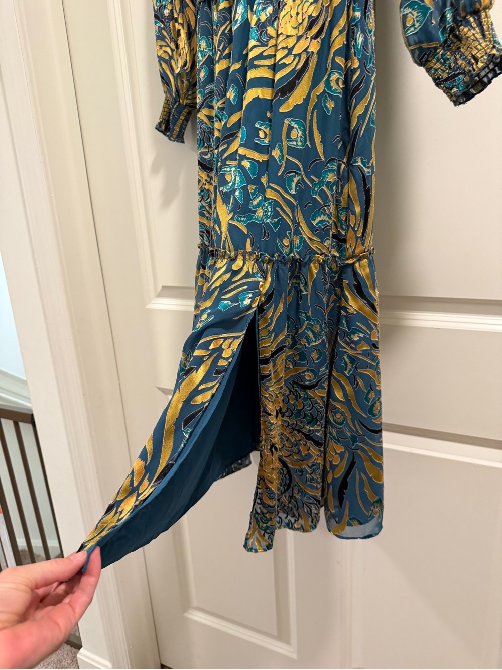 White House Black Market Teal and Gold Long Sleeve Midi Dress - Picture 10 of 14